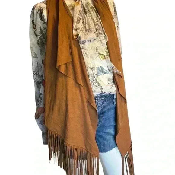 French Laundry Tan Faux Suede Fleece Lined  Draped Front fringe Vest Sz S. G#252 - Picture 4 of 10